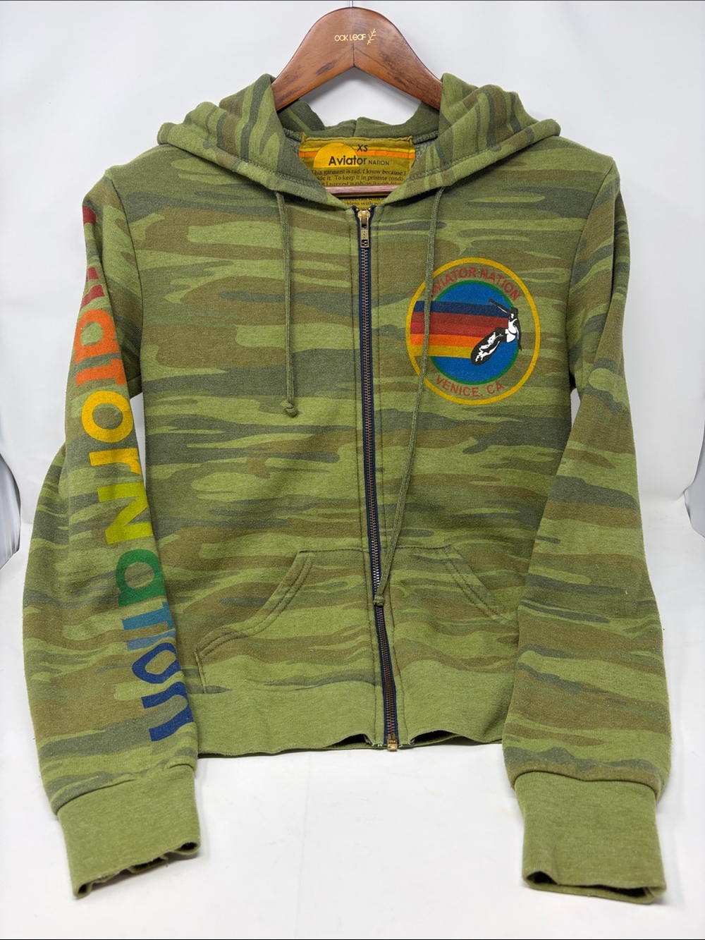 Aviator Nation Green Camo Zip Hoodie with Rainbow Sleeve Logo Size X—Small